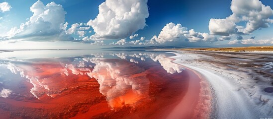 Coastline: Stunning Red Salt Lake Reflects Majestic Water Views along the Coast - obrazy, fototapety, plakaty
