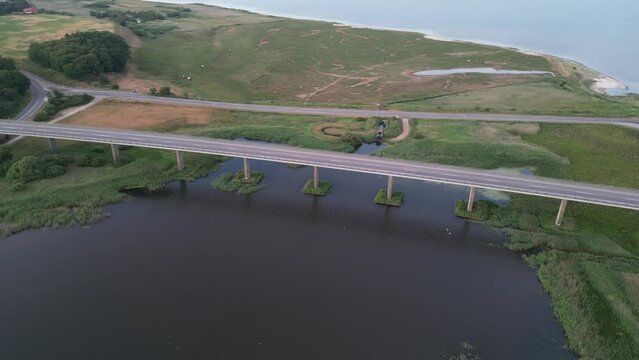 Drone shot of Legindvejlebroen, a very nice valley bridge - located close to Jesperhus Blomsterpark on Mors. The bridge is also an extension of the Sallingsund bridge.