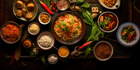 Delicious menu and good meal natural food Vietnamese traditional foods flat lay on wooden table with plenty dishes.