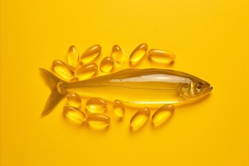 Golden fish and omega 3 capsules on yellow background