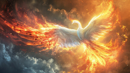 Radiant and ethereal this angels wings shine with the fiery colors of a phoenix symbolizing renewal and growth.