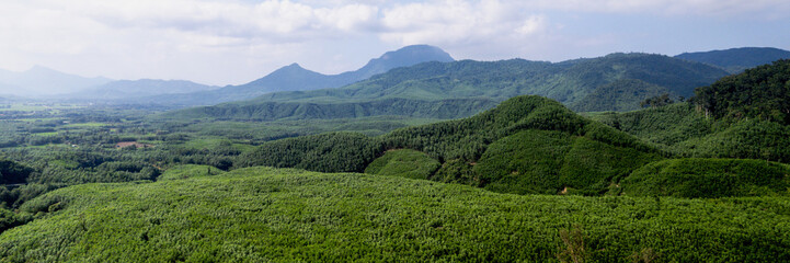 Lush green panoramic view of a tropical rainforest with rolling hills and mountains in the background, symbolizing eco-tourism or Earth Day