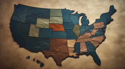 Map states of USA map with states texture Earth tone color Wrinkles surface  isolated on a brown background. United States of America map, style retro vintage  background,usa map ai concept.