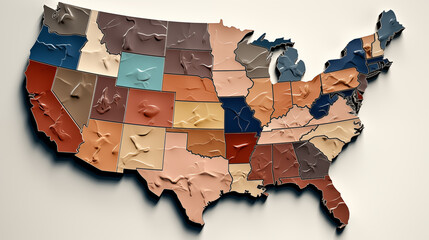 Map states of USA map with states texture Earth tone color  liquid surface  isolated on a white background. United States of America map, style retro vintage  background,usa map ai concept.