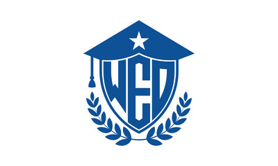 WEO three letter iconic academic logo design vector template. monogram, abstract, school, college, university, graduation cap symbol logo, shield, model, institute, educational, coaching canter, tech