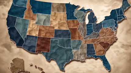 Map states of USA map with states texture Earth tone color. Wrinkles surface  isolated on a brown background. United States of America map, style retro vintage  background,usa map ai concept.