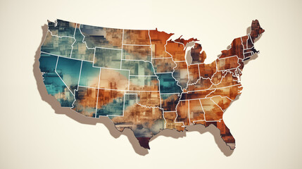 Map states of USA map with states texture brown paper surface  isolated on a white background. United States of America map, style retro vintage  background,usa map ai concept. - obrazy, fototapety, plakaty