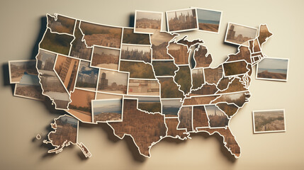 Map states of USA map with states texture Earth tone color Building picture surface  isolated on a brown background. United States of America map, style retro vintage  background,usa map ai concept.
