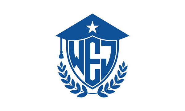WEJ three letter iconic academic logo design vector template. monogram, abstract, school, college, university, graduation cap symbol logo, shield, model, institute, educational, coaching canter, tech