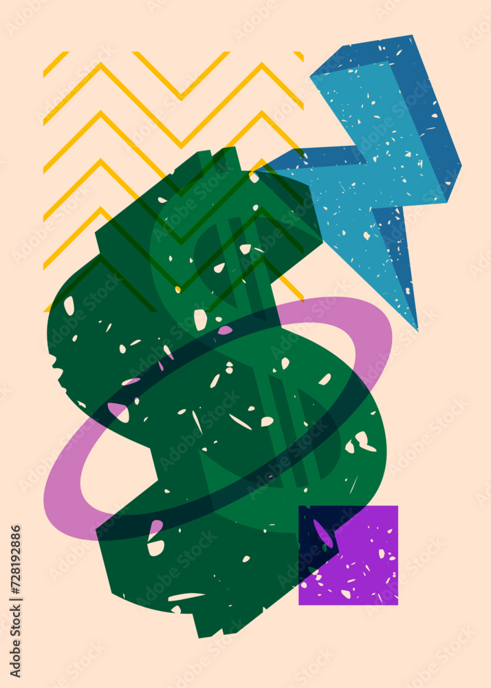 Poster risograph dollar sign with geometric shapes. objects in trendy riso graph print texture style design