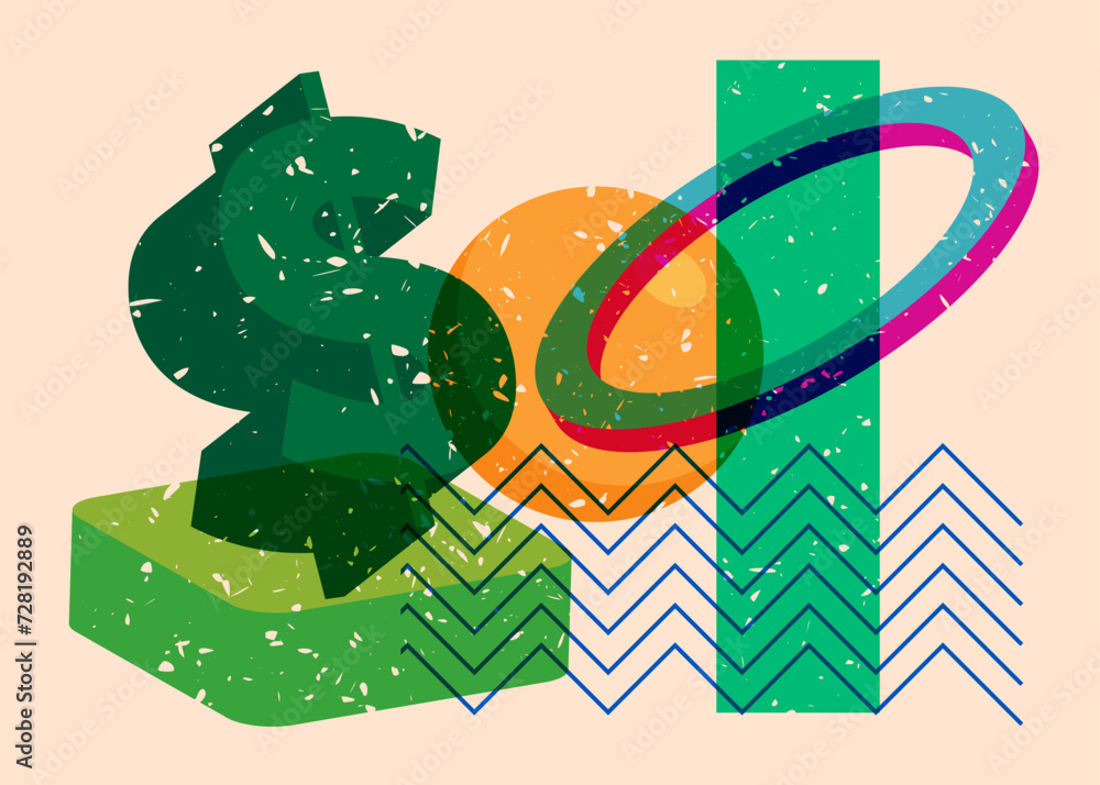 Poster risograph dollar sign with geometric shapes. objects in trendy riso graph print texture style design
