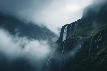 Papier Peint photo Mont Cradle misty mountains, a cascading waterfall reveals its ethereal beauty, a timeless dance between water and stone in nature's grand symphony