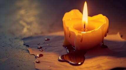 melting candle into heart shaped on a paper, light spreading around like a star