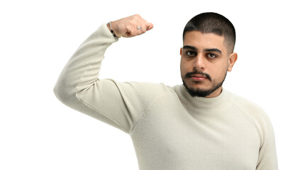 Man, close-up, on a white background, shows strength