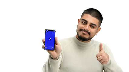 A man, close-up, on a white background, shows a phone