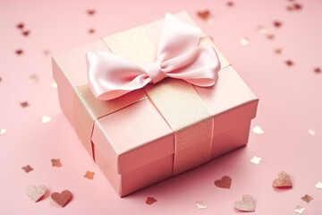 Craft gift box on a pink background, decorated with a textured bow and feathers, creating a romantic luxury atmosphere