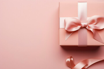 Craft gift box on a pink background, decorated with a textured bow and feathers, creating a romantic luxury atmosphere with copyspace