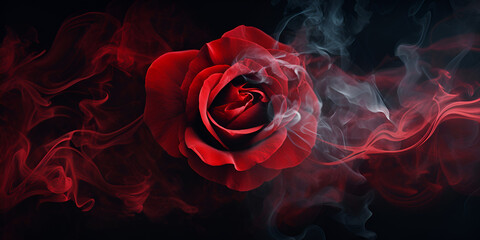 Red rose with red smoke isolated on black background Love concept with smoke on valentine's day a single red rose on a dark background.