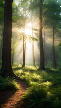Enchanting Forest Glade with Sunlight Filtering Through Trees