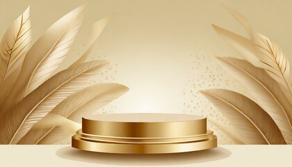 Golden Elegance: 3D Cosmetic Podium on a Nature-Inspired Beige Background for Luxurious Display"
