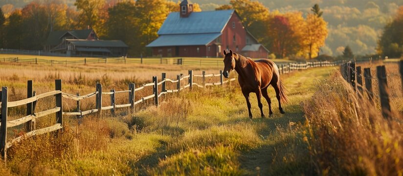 Horse Galloping through Picturesque Farm, Farm, Farm