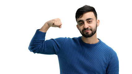 Man, close-up, on a white background, shows strength