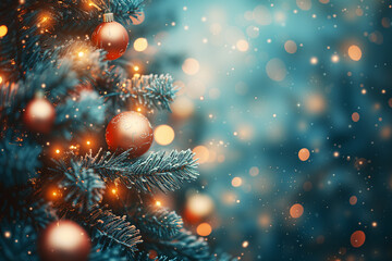 Merry Christmas and new year holidays background. Close up of balls on christmas tree. Bokeh garlands in the background. New Year concept.