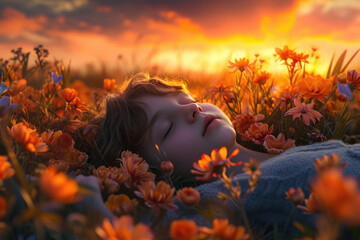 a happy kid lying on flower meadow