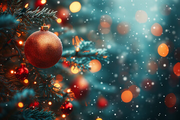 Merry Christmas and new year holidays background. Close up of balls on christmas tree. Bokeh garlands in the background. New Year concept.