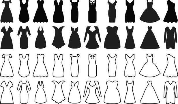Set of Women dress icons. Female fashion concept. Clothes icons in modern Black Flat styles editable stock on transparent background. Sign for mobile concept and web designs. Vintage dress silhouette.