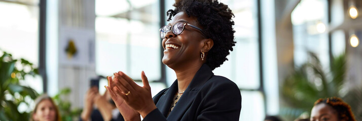 African American businesswoman clapping her hands during an office meeting - Powered by Adobe