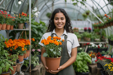 Hispanic female gardener holding pot of flowers at greenhouse yard