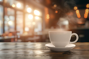Hot drinks, Cup of hot coffee with steam on table with blur cafeteria as background.