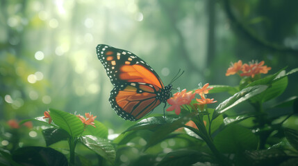 Fototapeta na wymiar Butterfly perching on a flower with a forest bokeh backdrop.