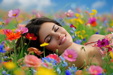 Obraz na płótnie Canvas a beautiful girl lying on flower meadow