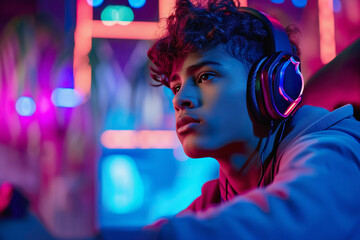 Hispanic boy Gamer Focused on Competitive Play