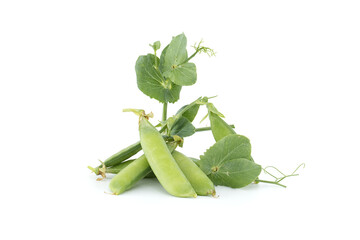 Garden peas pods with green leaves isolated on white