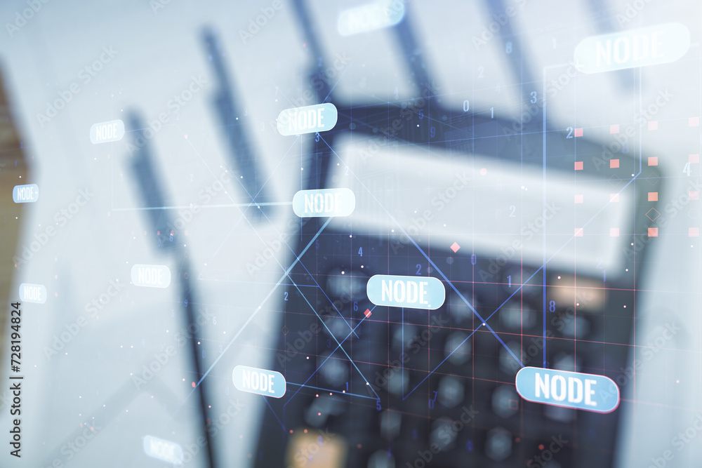 Fototapete double exposure of abstract programming language interface on blurry calculator background, research