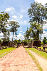 Banteay Srei Temple Entrance Ancient Ruins on Sunny Day, Siem Reap, Cambodia.