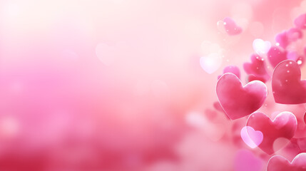 Valentine's Day. Pink bokeh background with pink hearts on border and copy space for text. Valentine's Day digital greeting card. Banner, Web poster for Anniversary, Birthday, Wedding, Romantic.