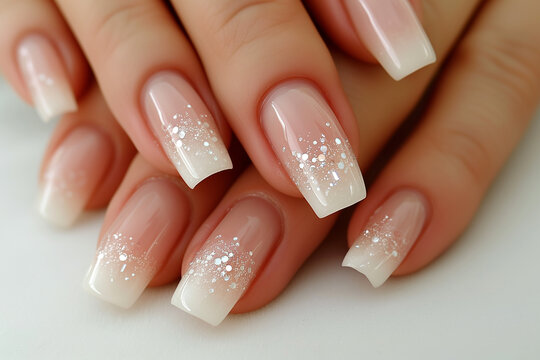 Nail art design for wedding. Close up of beautiful female hands with beautiful manicure in gentle tones with rhinestone. Idea for manicure nail paint, Classic wedding bride nails design.