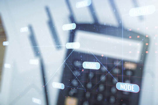 Double exposure of abstract programming language interface on blurry calculator background, research and development concept