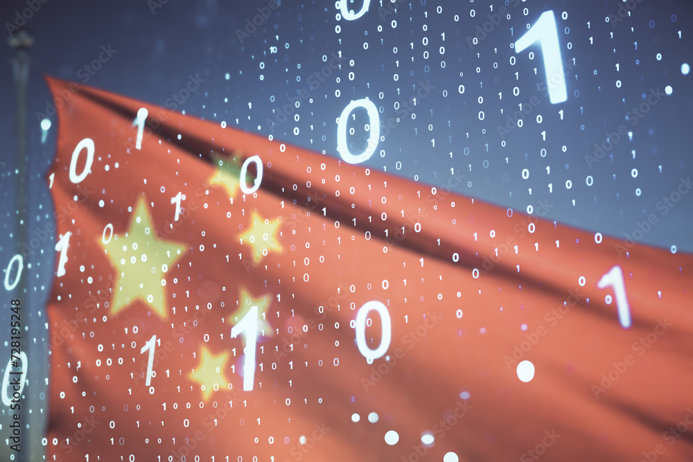 Leinwandbilder abstract virtual binary code sketch on flag of china and blue sky background, hacking and matrix con