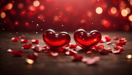 Red Hearts on Wooden Surface With Sparkling Bokeh Lights Background