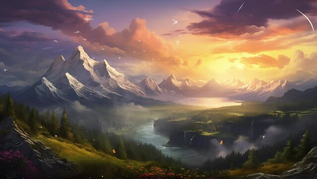 panorama of sunset in the mountains. sunrise over the mountains. seamless looping overlay 4k virtual video animation background 