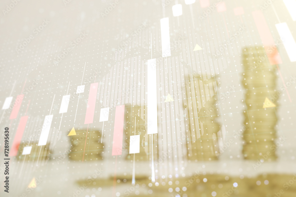 Poster abstract creative financial graph interface and world map on stacks of coins background, forex and i