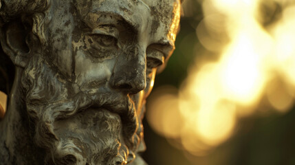A weathered statue of a historical figure its features brought to life by the gentle backlight.