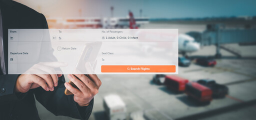 Individuals are shown a virtual screen with simple web design elements to purchase airline tickets...