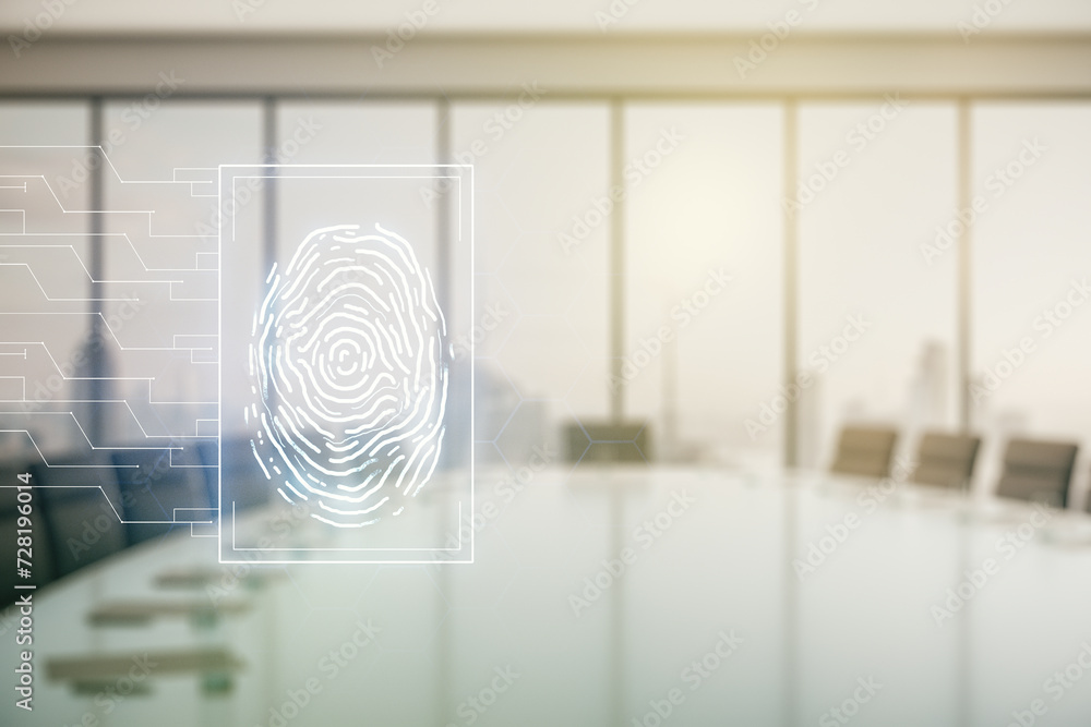 Fototapete multi exposure of virtual graphic fingerprint sketch on a modern furnished classroom background, fin
