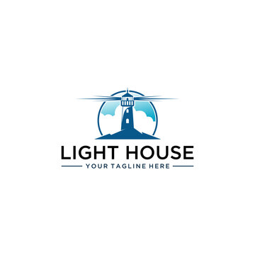 Vector image of lighthouse logo, sea view, blue sky and clouds, globe and mountains